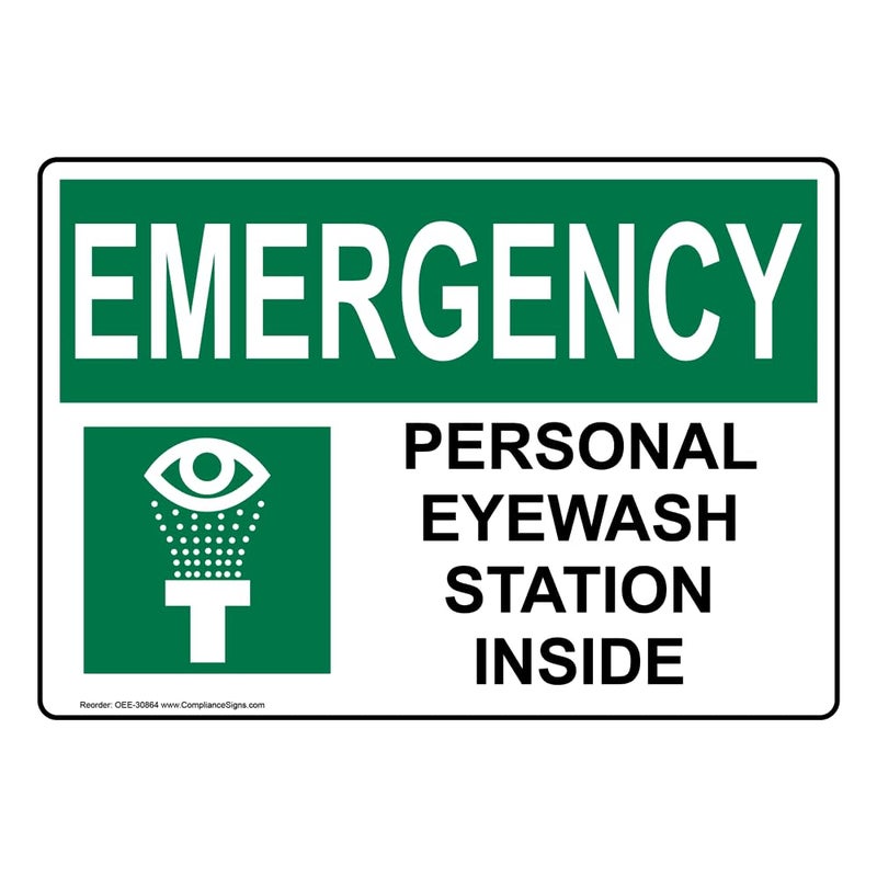 ComplianceSigns.com Emergency Personal Eyewash Station Inside OSHA Label Decal with Symbol, 5x3.5 in. 4-Pack Vinyl for Emergency Response - Image 1